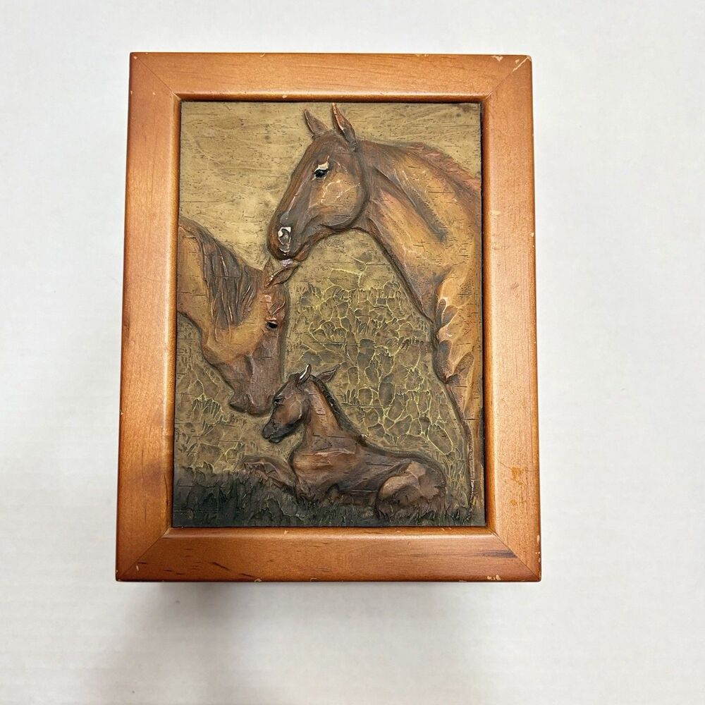 Vintage Hand Carved Wood Horse Trinket Box Relief Mare Foal Keepsake Jewelry